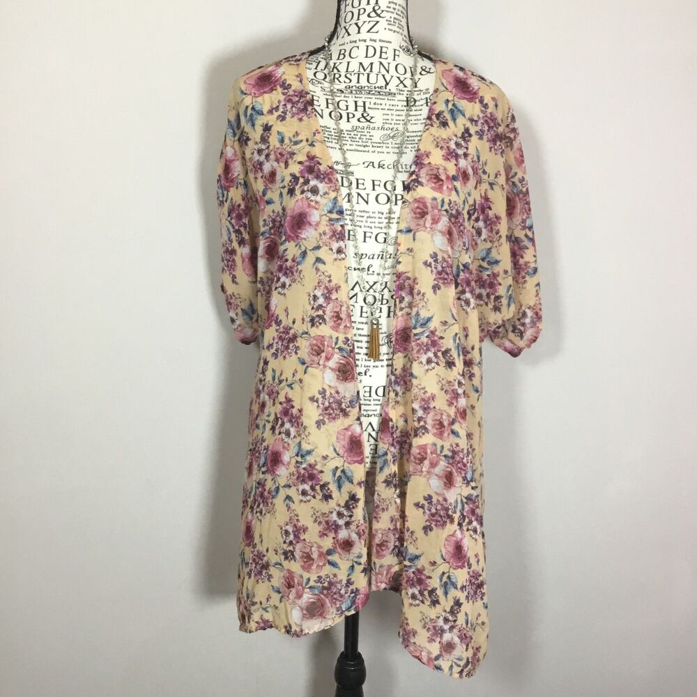 Floaty floral sheer open front robe duster coverup hippie witchy boho beachy S